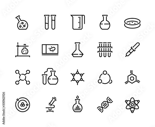Laboratory line icons. Chemical and medical science experiment pictograms, flask tube and beaker. Vector school laboratory equipment icon set with microscope and pipette symbol