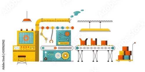 Manufacturing conveyor concept. Factory assembly line, modern production technology, packaging robot. Conveyor vector illustration modern computer industrial technology with automation packing
