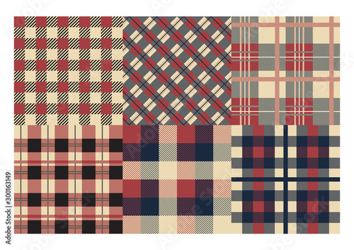 Plaid pattern. Classic Scottish cage texture, abstract geometric seamless ornament set textiles patterns. Vector tartan backdrop scotland cloth collection garment
