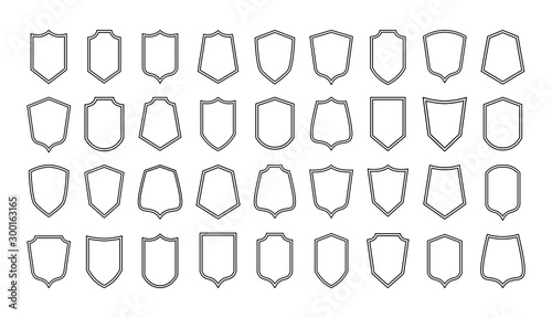 Shield line badges. Blank emblems template for sport club, military and security coat of arms. Vector illustration outline heraldic elements set for graphics protective icons