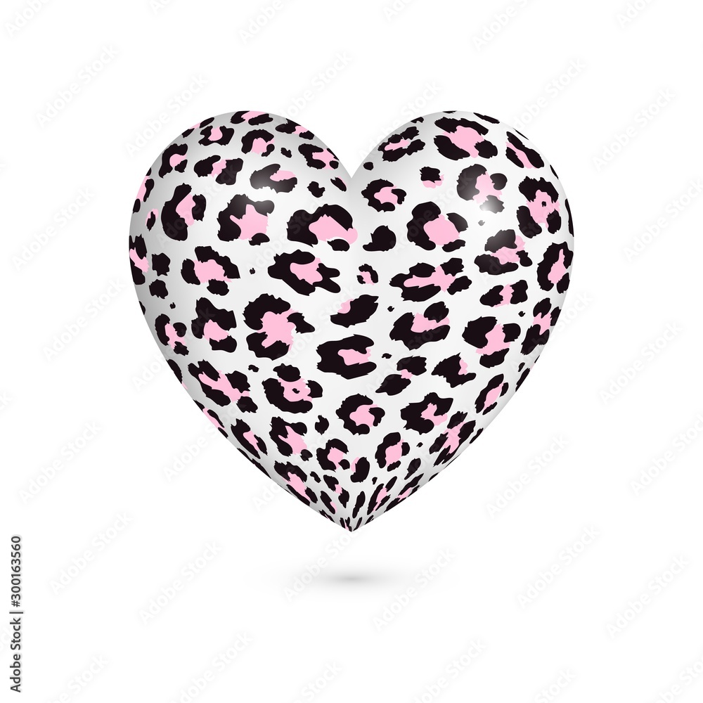 Vector 3d realistic heart with leopard print isolated on white background. Modern animal fur fashion design element. Exotic wild African cat realistic skin into a heart. Love animal, Leopard concept.
