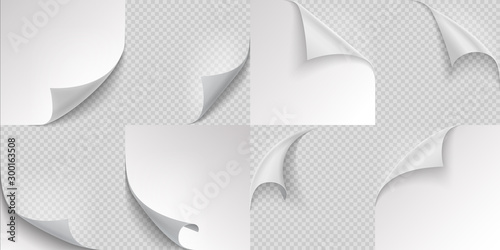 Curled page corners. Flipped and turning paper leaf set on transparent background. Vector folded or turn-up book white page like effect curling peel or labe