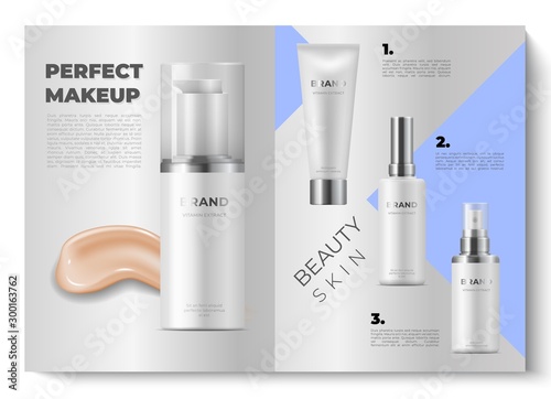 Realistic brochure design. 3d mock up open cosmetic magazines. Beauty catalog. Vector design illustration cosmetics advertise product with bokeh effect on gray background