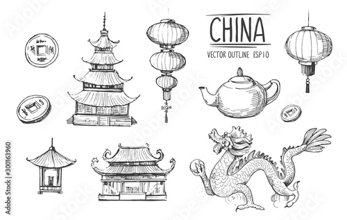 Chinese objects set. Vector sketches. Isolated on white background