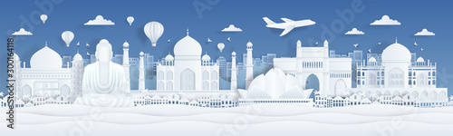 Paper cut India. Travel famous landmarks of India with clouds birds and plane in paper design. Vector banner with city panorama with art illustration landscape mumbai and flight in airplane