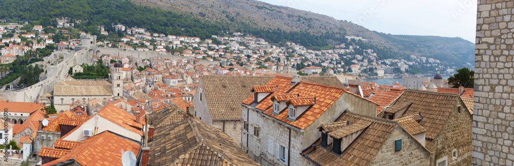 Panoramic view from the wall of the old city of Dubrovnik, Ragusa, Dalmatian Coast, Croatia. UNESCO world heritages sites.
