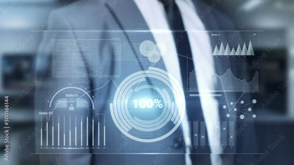Businessman and virtual panel with data.