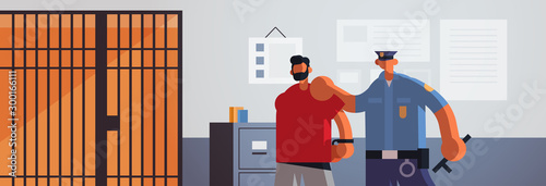 officer arrested criminal policeman in uniform holding caught suspect thief security authority justice law service concept modern police department interior flat portrait horizontal vector