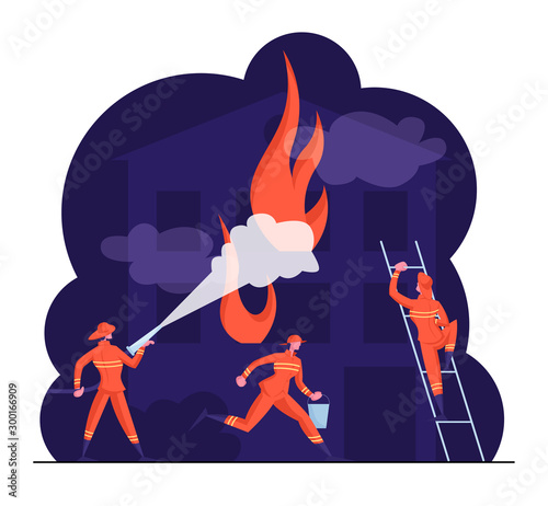 Fire Fighters Male Characters in Uniform on Ladder Spraying Water from Hose. Group of Firemen Fighting with Blaze Working as Team Fight with Big Fire at Burning House Cartoon Flat Vector Illustration