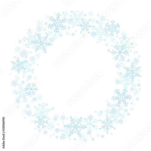  Vector Merry Christmas wreath of light blue snowflakes on white background. Snowflakes round frame with copy space. Happy New Year template for season greeting. Snowfall festive card.