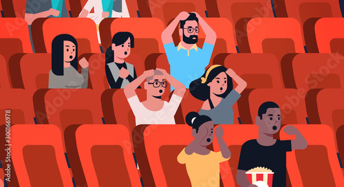 people group watching horror movie and screaming sitting in cinema with popcorn and cola mix race men women looking scared flat portrait horizontal vector illustration