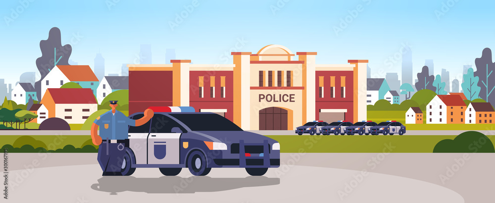 city police station department building with police cars security authority justice law service concept flat horizontal vector illustration