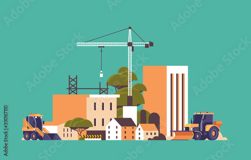 modern construction site with cranes tractor and bulldozer unfinished building exterior flat horizontal vector illustration