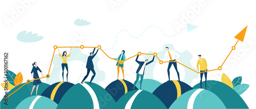 Business people, creative team holding and caring growth arrow as symbol of success, support and development. Business concept illustration