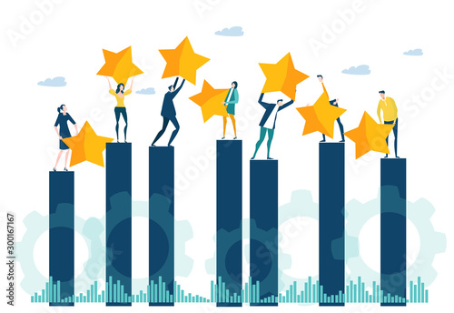 Little people caring seven golden stars up, as symbol of success, ranking and growth. Little business people staying at the growth bar, team of success.  Business concept illustration