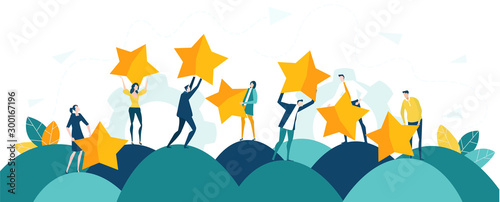 Photography Little people caring seven golden stars, as symbol of success, ranking and growth