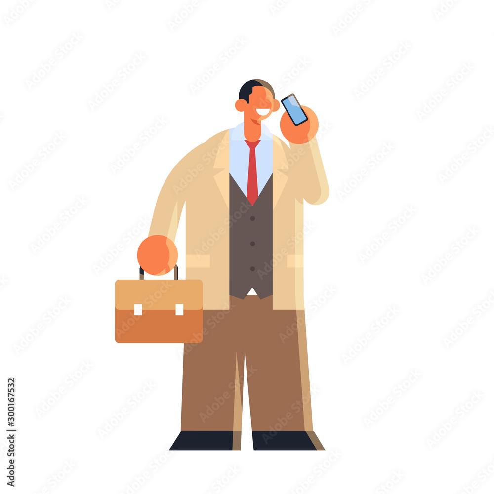 businessman talking on mobile phone business man standing with suitcase using smartphone communication concept male office worker in formal wear flat full length vector illustration businessman talking on mobile phone business man standing with suitcase using smartphone communication concept male office worker in formal wear flat full length vector illustration