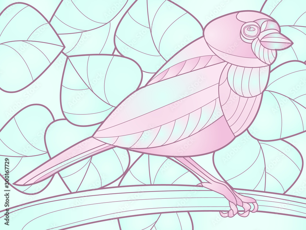 Obraz premium illustration of a tropical bird on a background of leaves, stained glass style