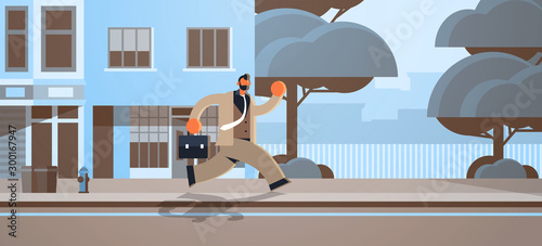 overworked business man running with briefcase deadline concept male office worker in formal wear modern city street citycape background flat full length horizontal vector illustration