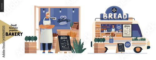 Bakery -small business illustrations -bakery owner and food truck -modern flat vector concept illustration of a baker wearing apron in front of the shop facade, bread street food truck van in the park