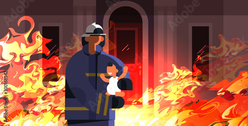 brave fireman rescuing little child firefighter in uniform and helmet firefighting emergency service extinguishing concept fire in burning house orange flame background flat portrait horizontal vector