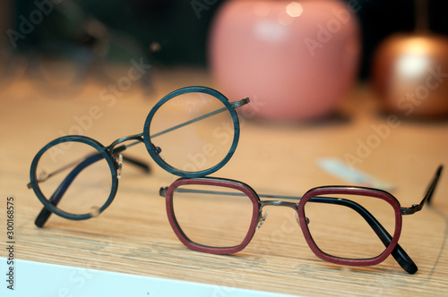 closeup of eyeglasses collection in store showroom