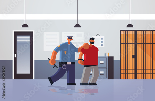 officer arrested criminal policeman in uniform holding caught suspect thief security authority justice law service concept modern police department interior flat full length horizontal vector