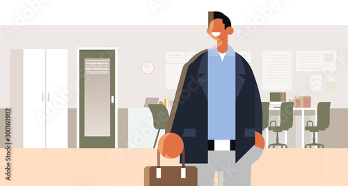 businessman holding suitcase happy man in formal wear standing pose success concept modern office interior flat portrait horizontal vector illustration