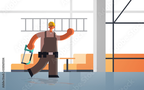 male builder carrying ladder and hacksaw busy workman industrial worker in uniform building concept unfinished construction site interior flat full length horizontal vector illustration