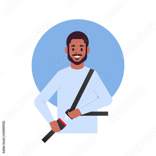 african american man driver or passenger fastening seat belt before driving lifesaver safe trip safety first concept flat portrait vector illustration