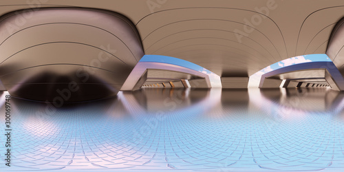 Colorful 360 degree abstract panoramic background: metal tunnel.  (Car backplate, 3D rendering computer digitally generated illustration.)
