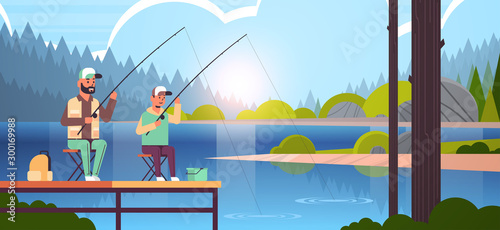 father and son fishing together from pier man with little boy using rods happy family weekend fisher hobby concept water horizon forest landscape background flat full length horizontal vector