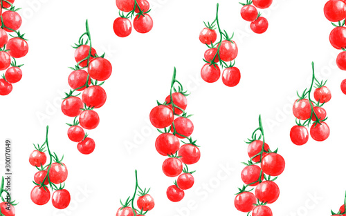 Watercolor seamless pattern of cherry tomatoes. Small tomatoes on a background. Decorative pattern for wrapping paper, fabric, wallpaper.
