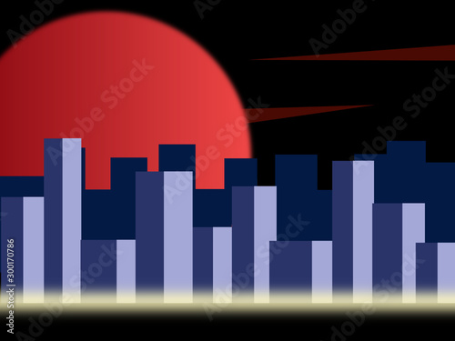city night with big red moon on black sky in flat design