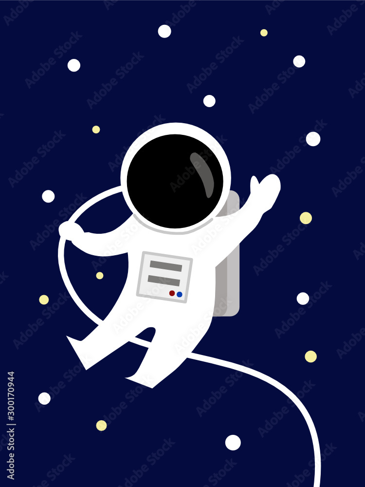 Fototapeta premium vector cartoon astronaut fly in space among star blue background waving hand