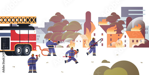 firemen near fire truck getting ready to extinguishing fire firefighters in uniform and helmet firefighting emergency service concept burning houses cityscape background horizontal vector illustration