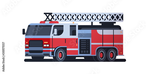 fire rescue red truck firefighting machine emergency service car extinguishing fire concept flat white background full length horizontal vector illustration