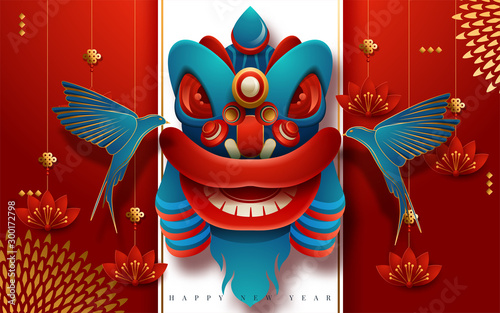 Happy new year banner design with hanging lanterns and Swallows. Translation : Happy New Year. Vector illustration