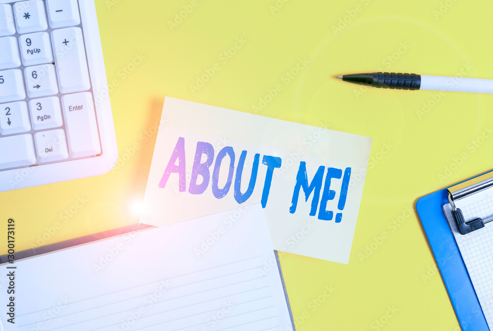 Word writing text About Me. Business photo showcasing telling someone list of your good and bad properties Empty orange paper with copy space on the yellow table