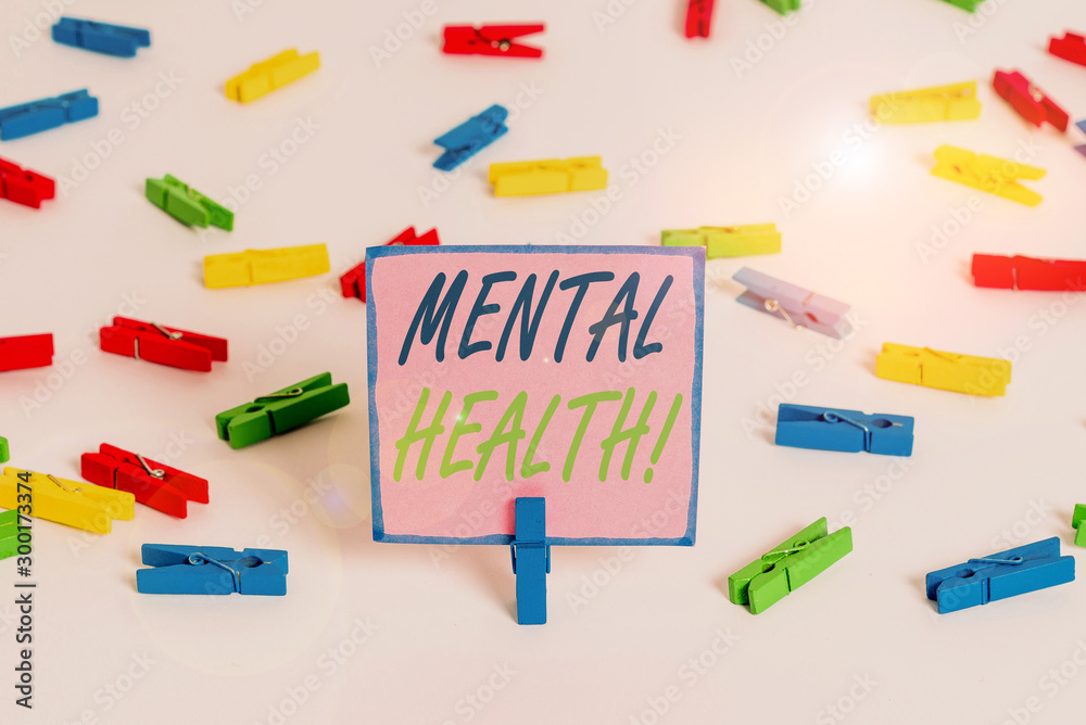Text sign showing Mental Health. Business photo text demonstratings condition regard to their psychological well being Colored clothespin papers empty reminder white floor background office Text sign showing Mental Health. Business photo text demonstratings condition regard to their psychological well being Colored clothespin papers empty reminder white floor background office