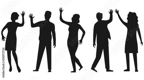 Silhouettes of people waving hand isolated on white. People wave their hands and greet each other. Vector, cartoon illustration of waving people.
