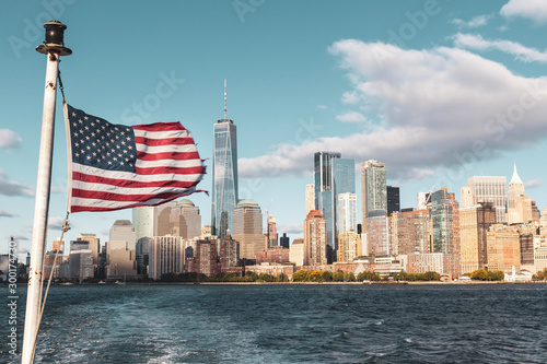 New York skyline and american flag