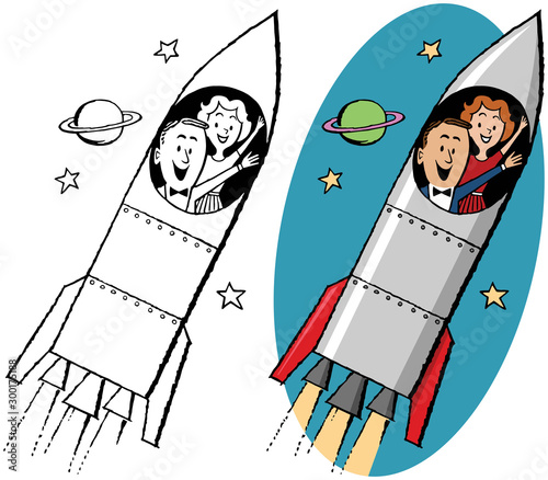 A cartoon of a couple traveling to outer space in a rocket. 