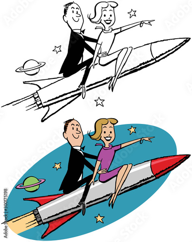 A cartoon of a couple riding on a rocket into outer space. 