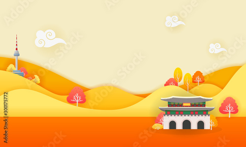 Korea autumn travel background vector illustration. Autumn landscape in paper art style with copy space