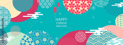 Happy new year 2020. A horizontal banner with Chinese elements of the new year.