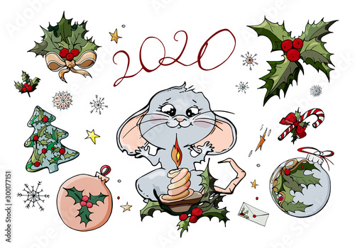 Vector colored sketch of Christmas objects, funny rat with a candle, green holly, balls, snowflakes, stars. Set of New year elements isolated on white. Hand-drawn design elements. Handwriting 2020.