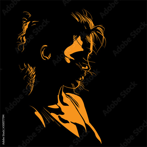 Contrast Beautiful girl portrait with bra. Silhouette in backlight. Vector. Illustration.