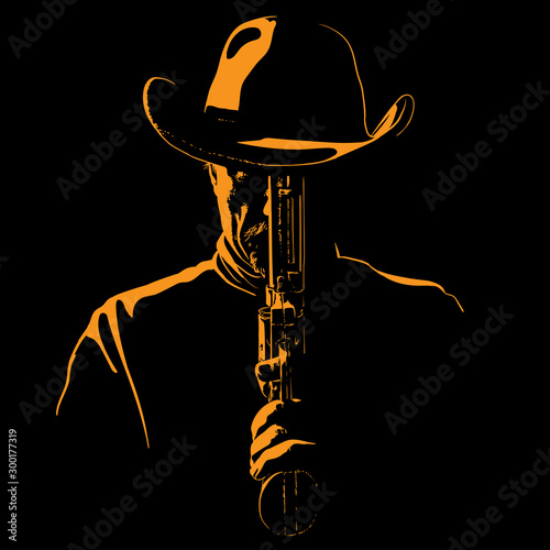 Man with cowboy hat and with a revolver. Portrait silhouette in contrast backlight. Vector. Illustration.