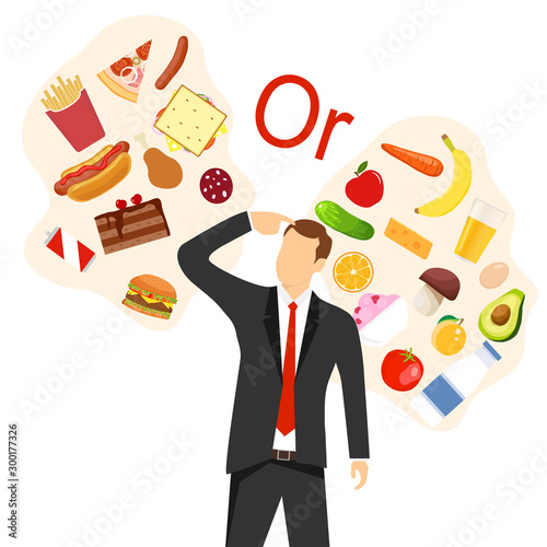 A man chooses between healthy and unhealthy food. Healthy and balanced foods versus fast food and greasy foods. Flat, cartoon vector illustration.